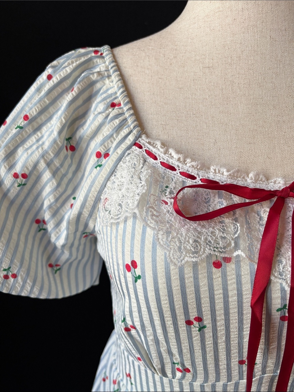 Vintage-Inspired White & Light Blue Striped with Cherries and Ribbon Tie - Picture 3 of 11